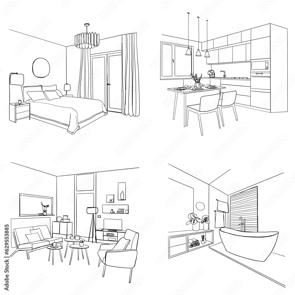 Set of interior: living room, bathroom, kitchen, bedroom sketch
