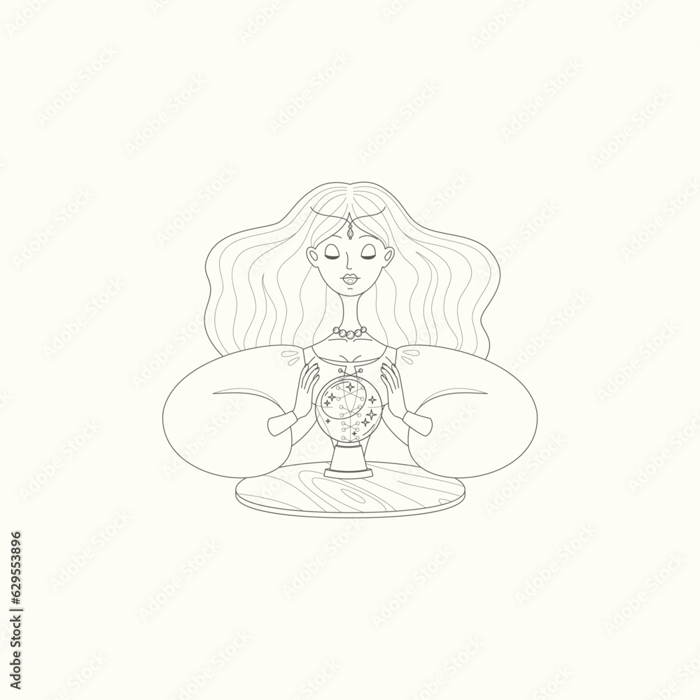 Fortune teller female character. Gypsy oracle. Cartoon illustration of a beautiful girl telling the future by seeing a magic ball. Vector 10 EPS.