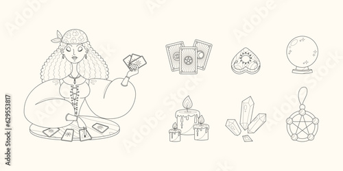 Magic and fortune telling set. Cartoon illustrations of a beautiful girl reading the future by seeing cards and a collection of magic accessories. Vector 10 EPS. photo