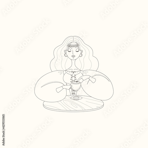 Fortune teller female character. Cartoon illustration of a beautiful girl telling the future using coffee grounds. Vector 10 EPS.