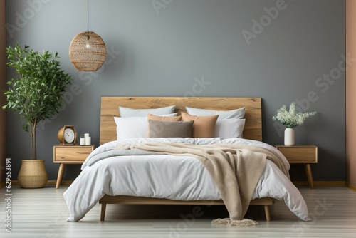 The interior of the bedroom is clean and tidy there is a small plant on the table beside the bed a natural atmosphere with soft and soft white light.