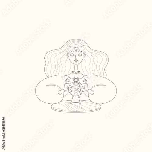 Fortune teller female character. Gypsy oracle. Cartoon illustration of a beautiful girl telling the future by seeing a magic ball. Vector 10 EPS.