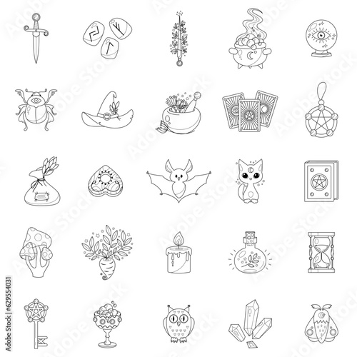 Set of 25 magic icons. Cartoon illustration of occult objects such as cauldron, witch hat, magic wand, spell book, tarot cards and black cat isolated on a white background. Vector 10 EPS.

