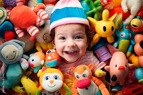 happy Child's face in the plenty of toys. Top view