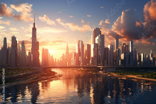 Dynamic city skyline at sunset, a testament to human ingenuity and ambition.