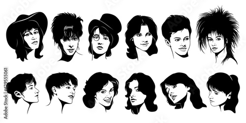 Pretty Women faces. Black and white stencil girl portraits. Vector cliparts isolated on white.
