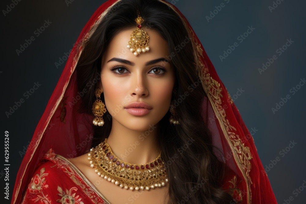 Lifelike beautiful Asian Indian woman with a striking appearance and traditional outfit poses for hyper-realistic studio portraits