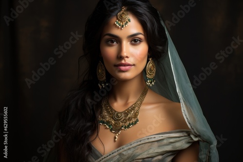 Lifelike beautiful Asian Indian woman with a striking appearance and traditional outfit poses for hyper-realistic studio portraits