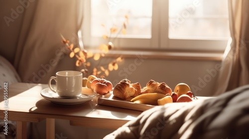 Autumn breakfast in bed pie apples and cup of coffee, light from the window, light abstract background. Generative AI