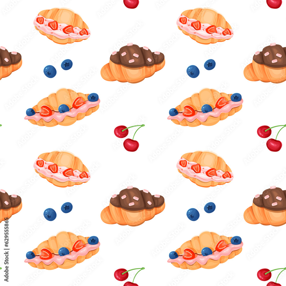 Seamless pattern with sweet croissants and berries on a white background. Seamless pattern with sweet croissants and berries on a white background.