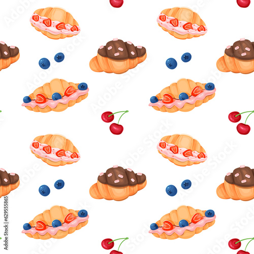 Seamless pattern with sweet croissants and berries on a white background.