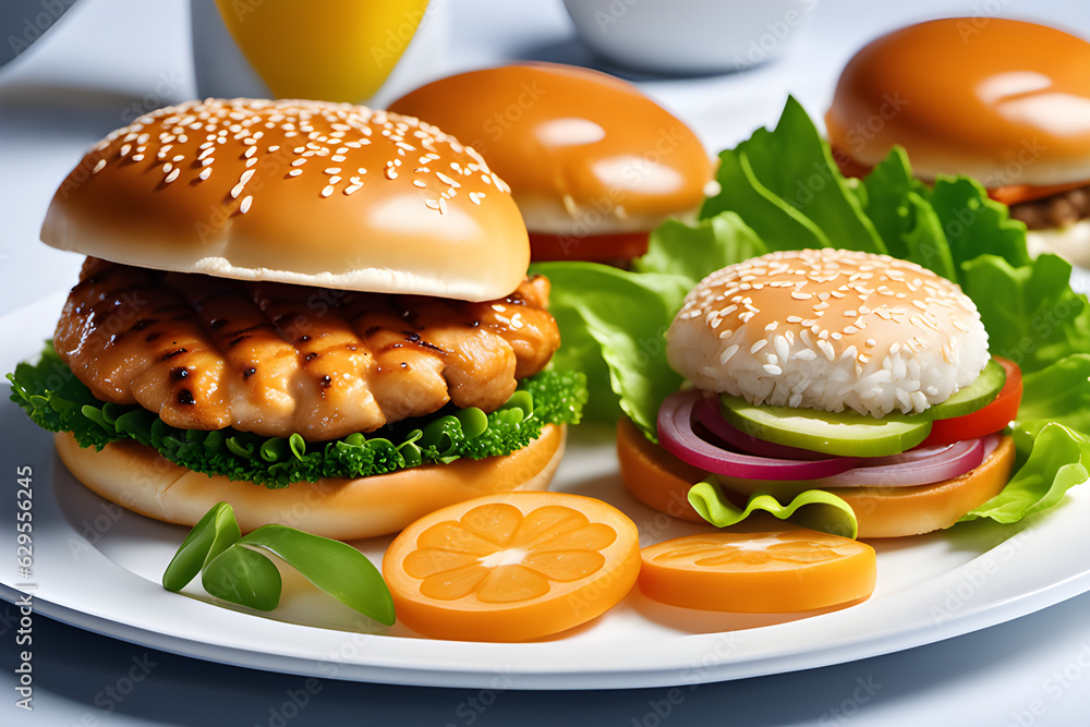 Chicken and hamburgers laid out on a plate. Generative AI Chicken and hamburgers laid out on a plate. Generative AI