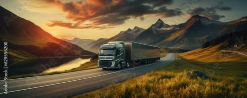 modern EV electric truck on the winding road, wind turbines on the background wallpaper image