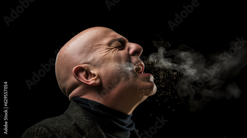 Middle-aged balding man with seasonal flu or allergy sneezing into a handkerchief, head and shoulders over a black background