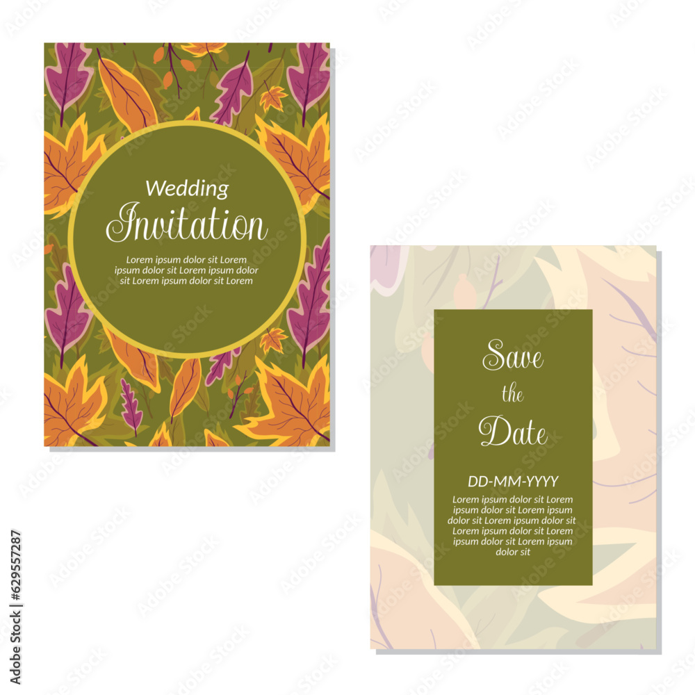 Wedding invitation card template. leaf seamless pattern background save the date, invitation, greeting card, vector illustration.