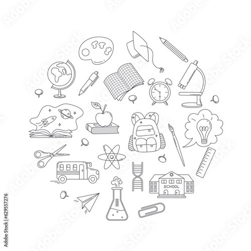 School, studying and education collection of elements. Set of school supplies and stationary. Line vector illustration. 