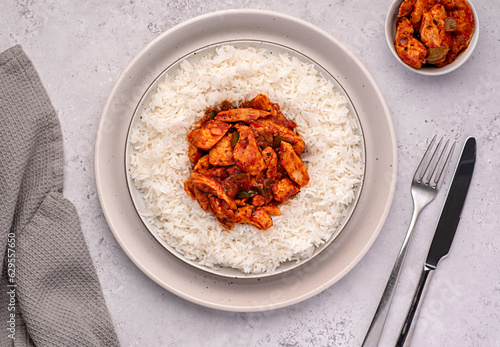 Food photography of rice, basmati, chicken, stew, casserole, savoury food, curry, tomato, sauce, homemade, asian, spicy, meat