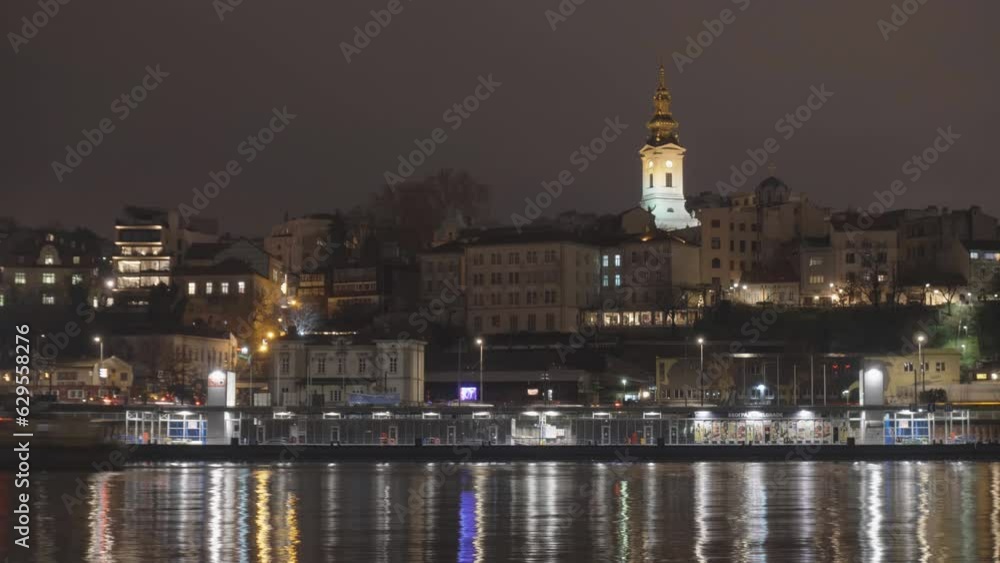 Timelapse over the river in Belgrade city center at night, Serbia, Europe Timelapse over the river in Belgrade city center at night, Serbia, Europe