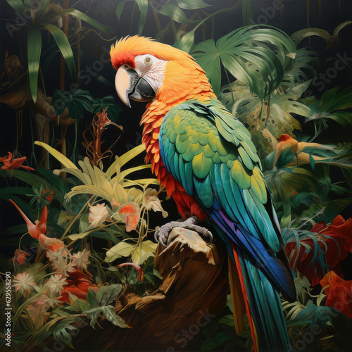 Red parrot Scarlet Macaw, Ara macao, bird sitting on the pal tree trunk, Panama. Wildlife scene from tropical forest. Beautiful parrot on green tree in nature habitat. Generative AI technology, © Yuliia