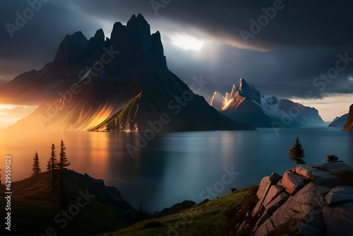 A dramatic sunset in the mountains during a storm, lightning illuminating the dark clouds