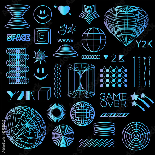 Vector Graphic Assets Set. Y2K bling retro elements and abstract brutalism shapes. Universal shapes for design, projects, posters, banners and business cards.
