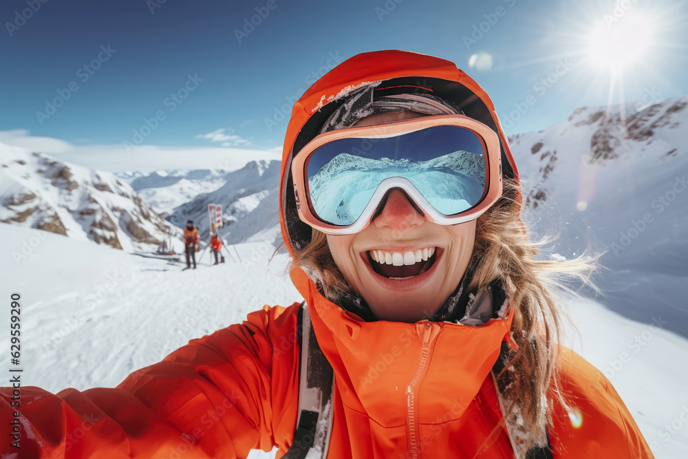 Selfie einer jungen Frau im Skibrille im Winterurlaub, mit schneebedeckten Bergen im Hintergrund,
