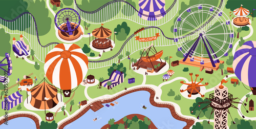 Childish amusement park top view. Summer holiday on carnival, attraction. Recreation, leisure on funfair. People ride on air balloon, roller coaster, ferris wheel, carousel. Flat vector illustration