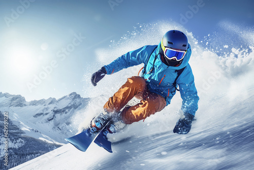 Obraz na płótnie Close-up auf einen Mann mit Skihelm beim Skifahren in rasanter Abfahrt im Sonnenschein. Im Hinergrund schneebedeckte Berge. w salonie