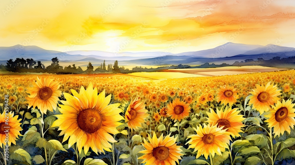 Obraz premium Golden&nbsp;sunflower&nbsp;field. Blossom sunflowers landscape. Hand Paint summer floral Impressionist style. Modern art. AI illustration for book covers, posters, banners and flyers.
