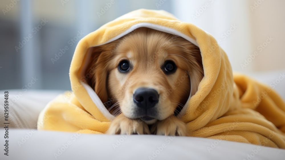 Golden retriever puppy wrapped in yellow warm blanket. Pet warms under a blanket in cold winter weather. Pets friendly and care concept. AI photography.