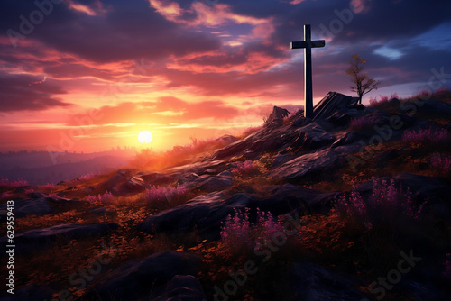 Holy silhouette: Cross atop hill at sunset embracing divine grace