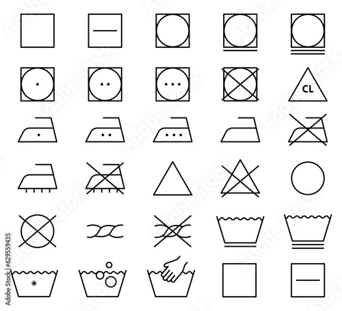 Laundry Vector Icons set. Washing symbols. Care clothes instructions on labels, machine or hand washing signs.