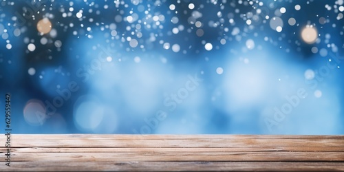 Beautiful winter snowy blurred defocused blue background and empty wooden flooring. Flakes of snow fall and sparkle on light generative AI