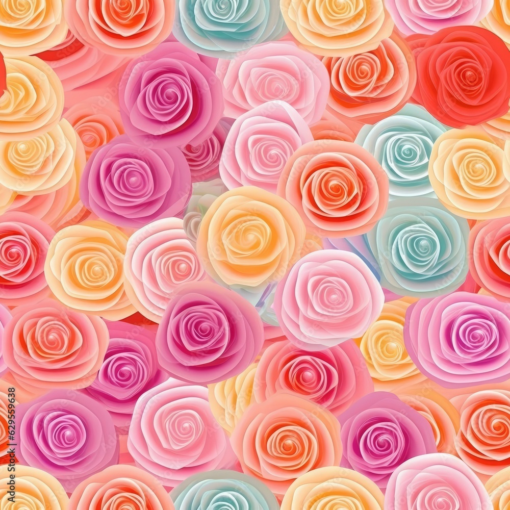 Colorful abstract rose flowers seamless pattern. Vibrant floral background. AI illustration for wedding, surface, textile, wallpaper design..