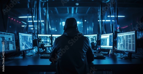 image of an anonymous hacker operating under the blue glow of several monitors, breaking into a secure network