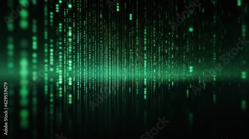Image of a single line of green code running across a dark background  representing encrypted data