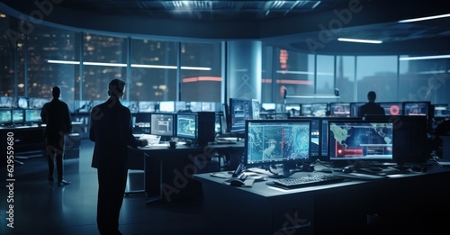 A cybersecurity team working in a hi-tech control room
