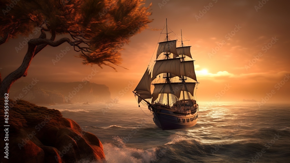 Fototapeta premium a wonderful landscape with a ship
