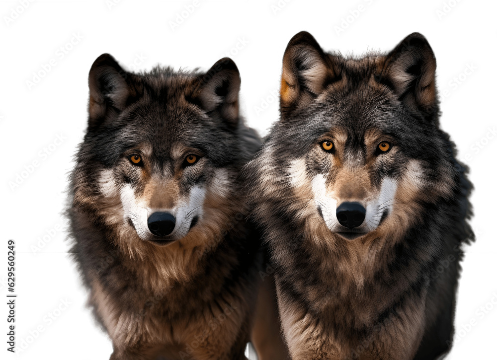 Gray wolf isolated on white, two wolves couple