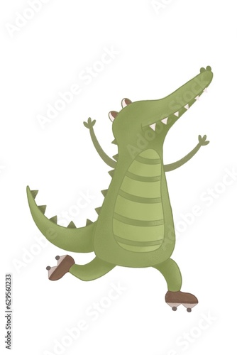 Crocodile. illustration of a paddle, green crocodile on roller skates