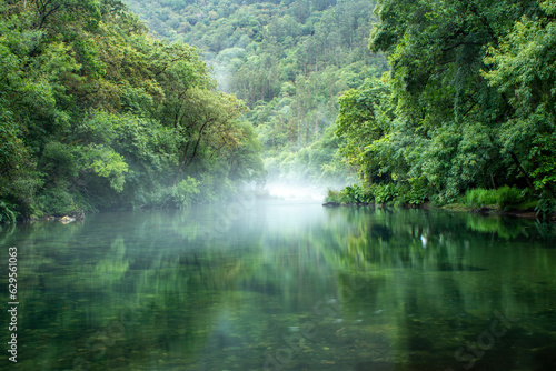 View of the Eume river in the natural park of the Fragas del rio Eume, La Corua, Galicia, Spain, with morning mists