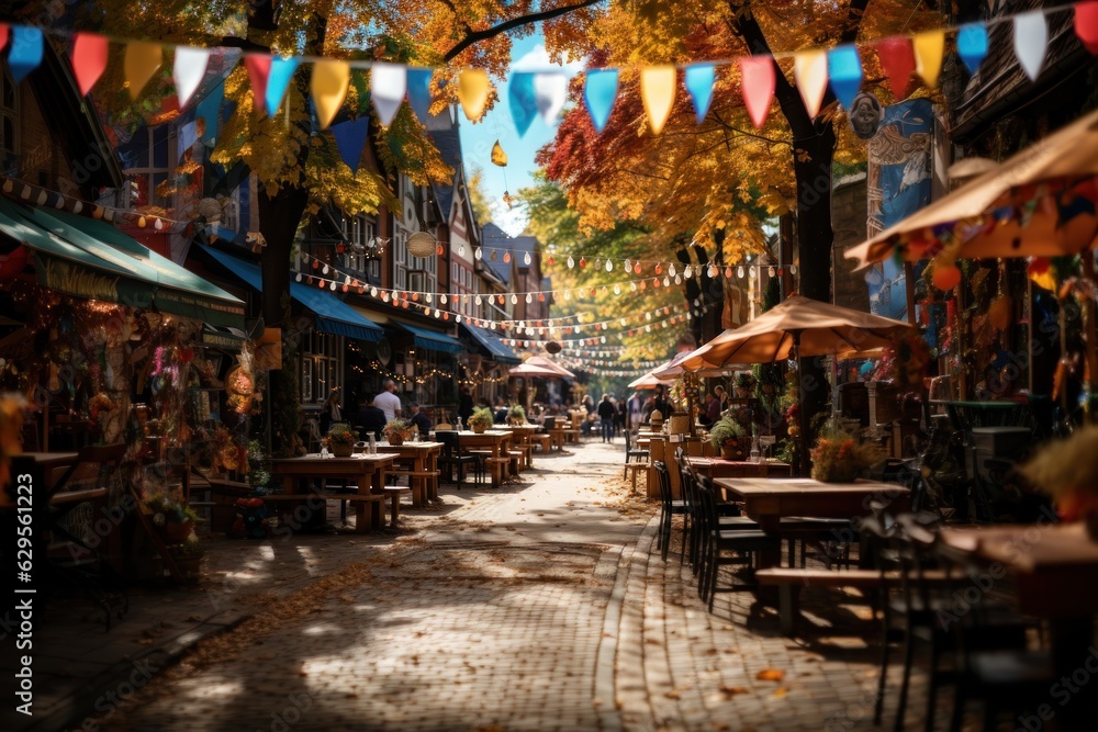 Fototapeta premium Oktoberfest street festival background. With Generative AI technology
