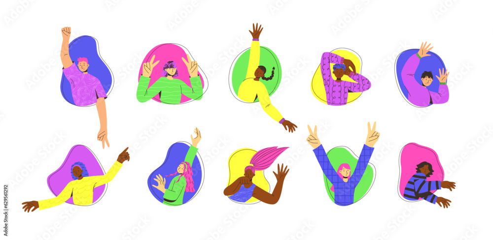 Fototapeta premium Vector set of young people on colorful background. Trendy flat style. Funny character. Dynamic pose. Student in school or university. International day of young people