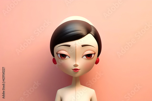 Minimal virtual attractive avatar of a young Asian woman on a simple pastel background