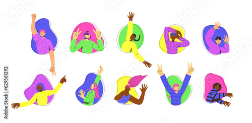 Vector set of young people on colorful background. Trendy flat style. Funny character. Dynamic pose. Student in school or university. International day of young people