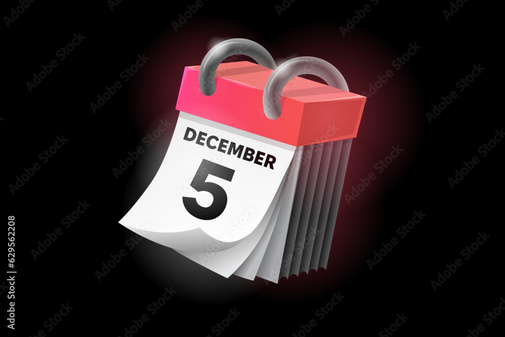 December 5 3d calendar icon with date isolated on black background. Can be used in isolation on any design.