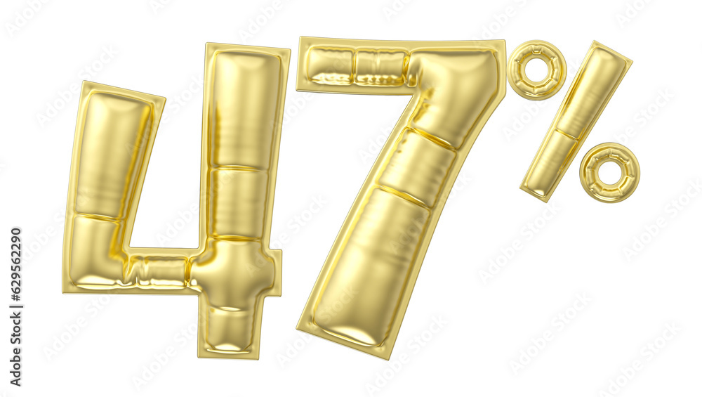 47 percent discount. Gold glossy balloon in the shape of a number. 3D rendering