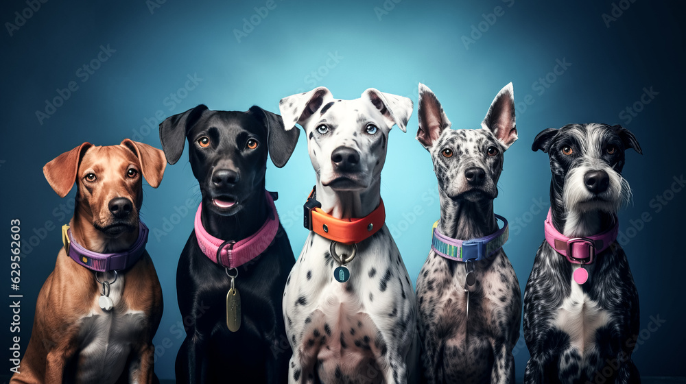 Pets proudly display identification collars and tags, showing their owners care for them. - obrazy, fototapety, plakaty 