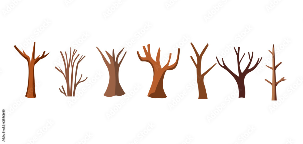 Dry tree image collection. Old tree branch in cartoon style. Set of tree silhouette isolated vector illustration design elements