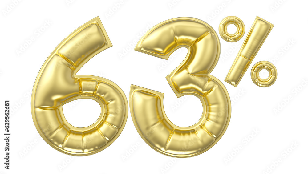 63 percent discount. Gold glossy balloon in the shape of a number. 3D rendering 63 percent discount. Gold glossy balloon in the shape of a number. 3D rendering